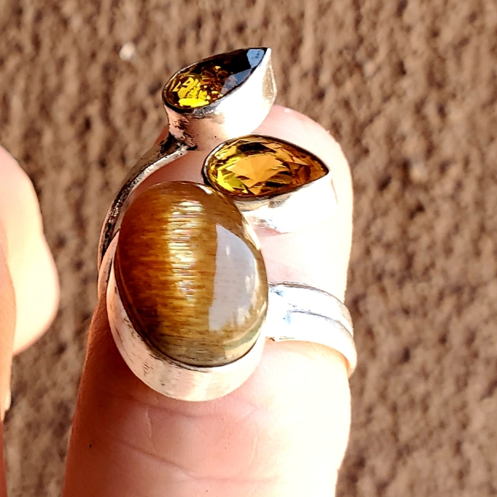 New Silver Sheen Obsidian & Citrine Open Cuff 925 Silver Ring. - Picture 3 of 16